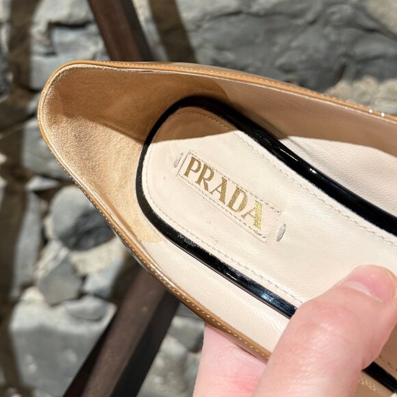 Prada Beige Black Patent Open Toe Pumps - Picture 4 of 10